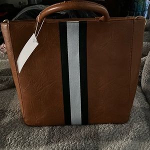Social Threads Motherchic brown  leather bag with black and white stripe